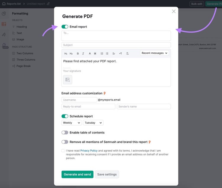 "Generate PDF" popup window