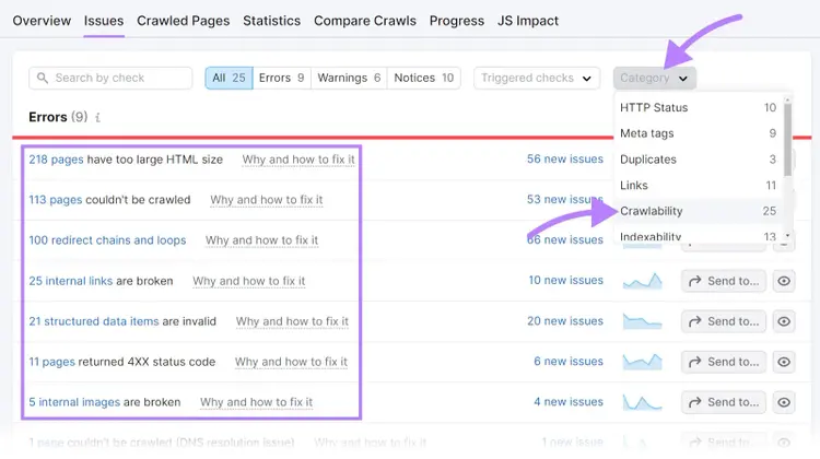 “Crawlability” selected from the “Category” drop-down menu in Site Audit