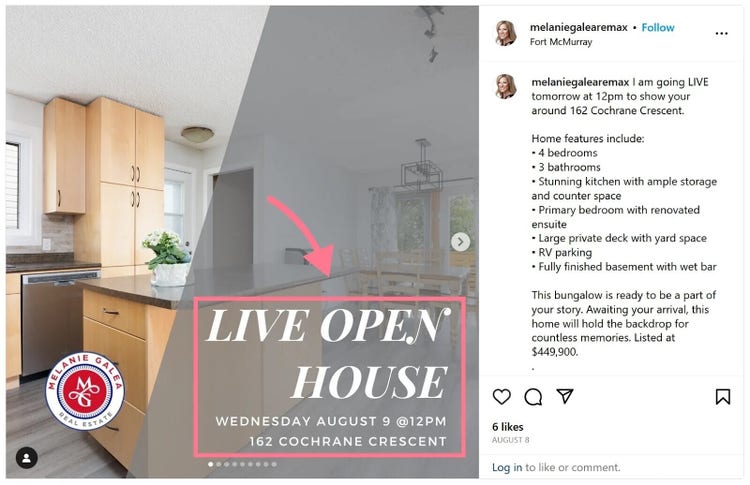 An Instagram post announcing an upcoming live virtual open house