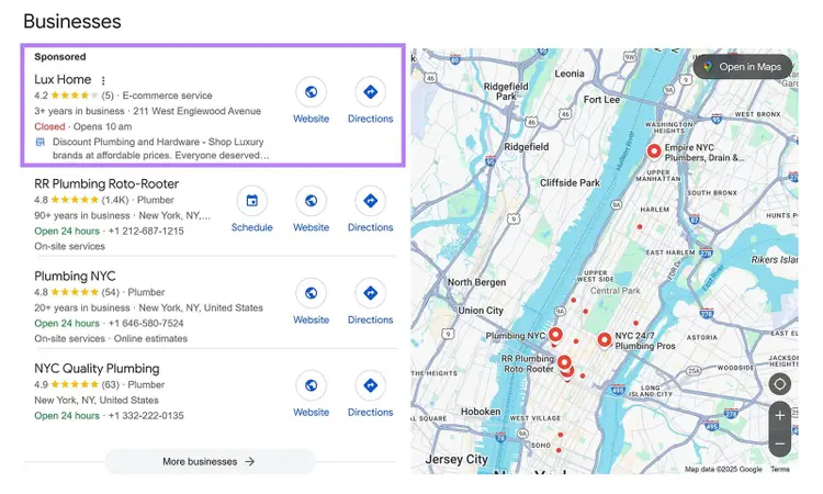 Google desktop search result with sponsored Lux Home listing at top of local plumbing business results