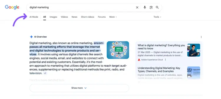 Google Search AI Mode showing AI Overview summary