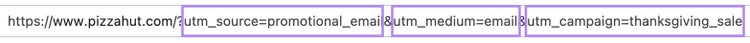 UTM code on a URL with the three distinct parameters highlighted: source, medium, and campaign