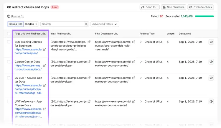Semrush Site Audit report listing pages affected by redirect chains and loops