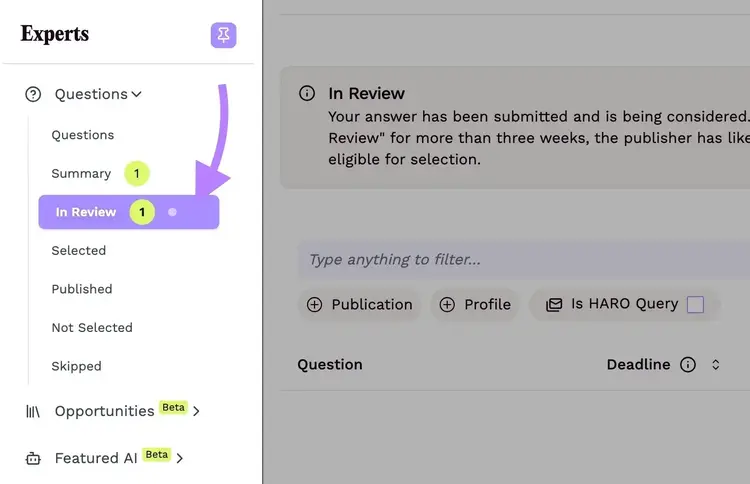 The "In Review" tab highlighted on the left-hand side menu on Featured.