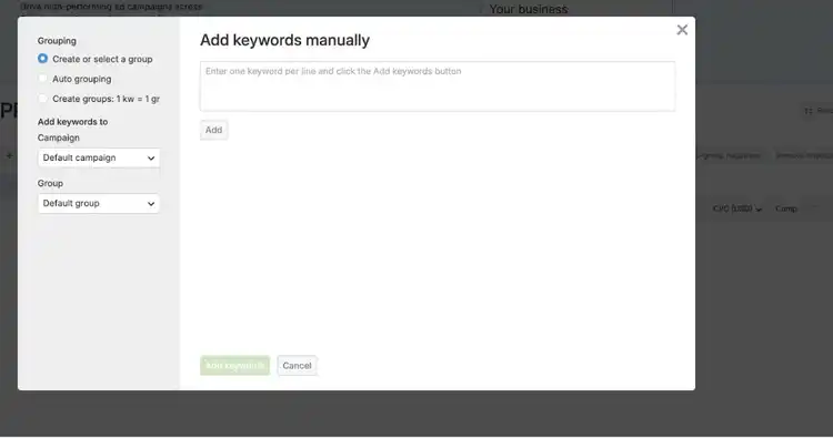 Google Ads dialog for adding keywords manually with grouping and campaign selection options