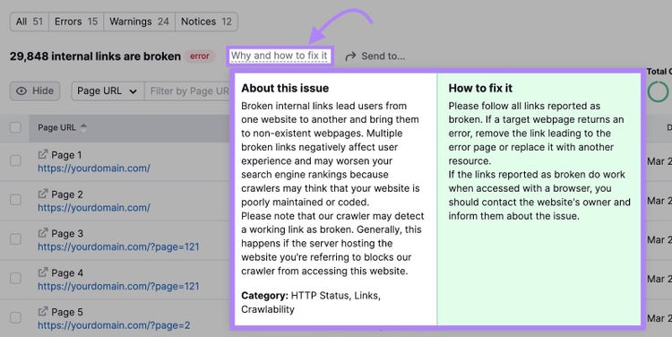 Screenshot: Site Audit issue detail popup explaining broken internal links and steps to fix them