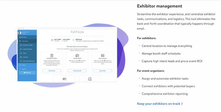 cvent homepage with exhibitor management interface