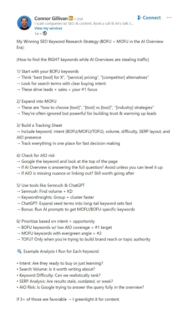 A Linkedin post describing an SEO strategy for middle and bottom of the funnel keywords.
