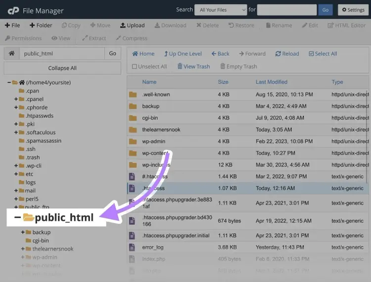 A site's root folder opened by clicking "public_html" on File Manager.