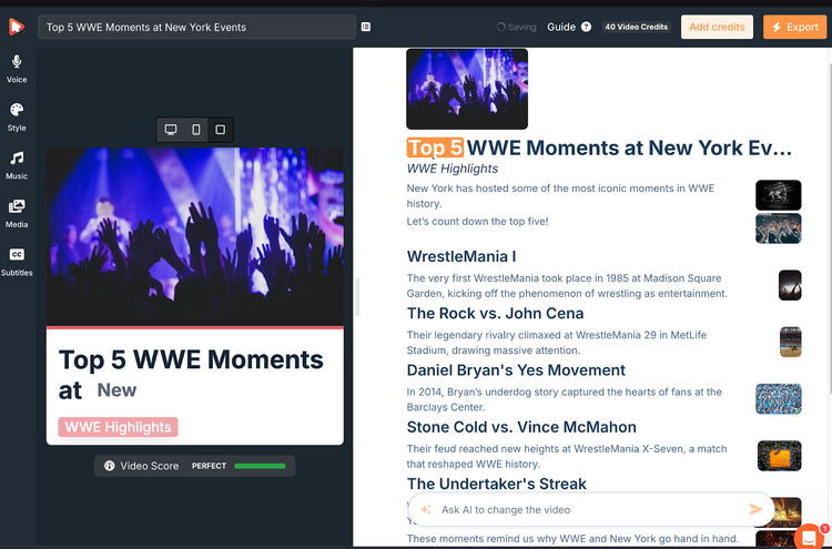 Video SEO Builder creating WWE moments content with video preview