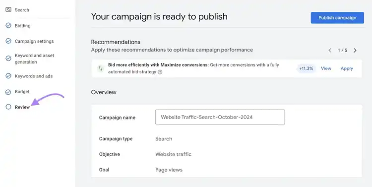 Navigating to the Review page on Google Ads using the menu on the left side of the screen.