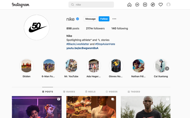 Nike Instagram profile with 217M followers and athlete content