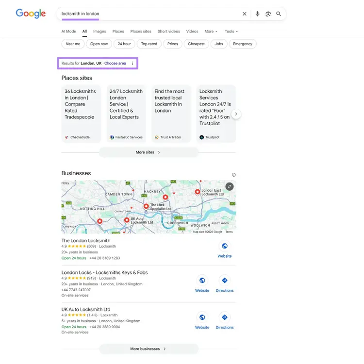Google SERP for the term "locksmith in london" showing results for London, UK.