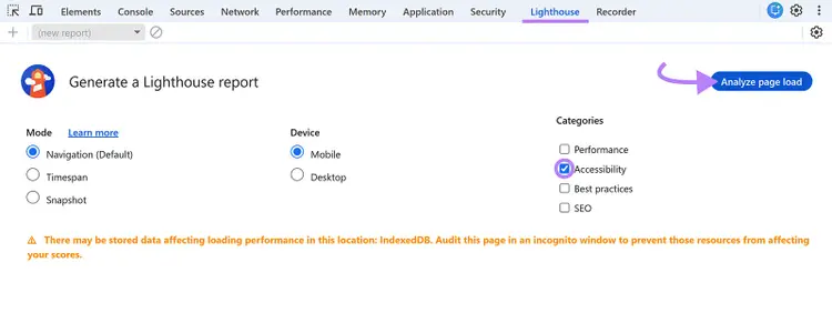 Chrome DevTools Lighthouse setup screen with Accessibility selected and Analyze page load button