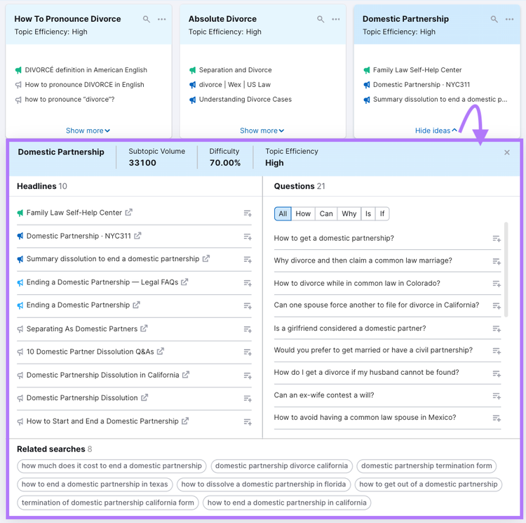 Headlines, questions, related searches and other data shown for "domestic partnership" topic