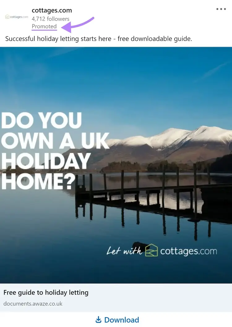 A sponsored post on LinkedIn by "cottages.com"