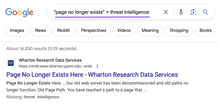 "“page no longer exists” + threat intelligence" search on Google