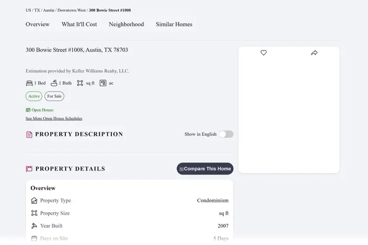 KW property listing page with missing price and image due to JavaScript disabled.