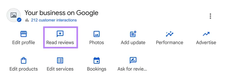 Google Business Profile dashboard with icons for editing profile, photos, updates, and a highlighted Read reviews button