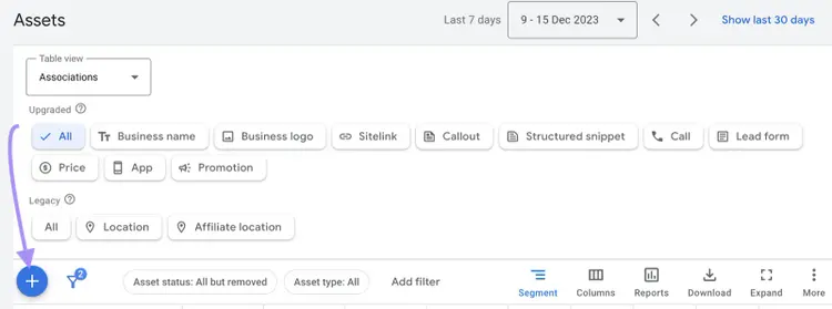 Add Google ad extension with "+" button
