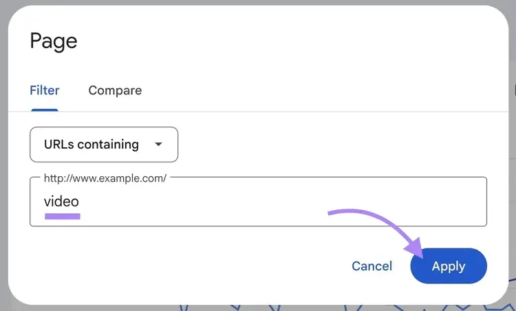 Page filter on Google Search Console with "video" entered and "Apply" clicked.