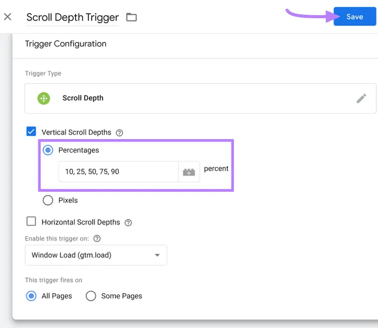 Enter percentages under "Vertical Scroll Depth" box