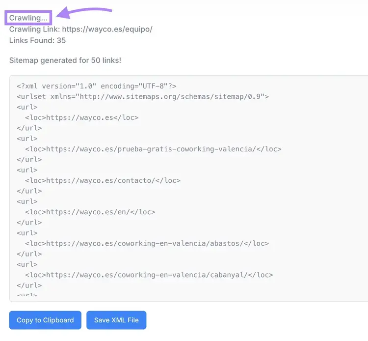 SEOptimer crawling a website and generating a sitemap for it.