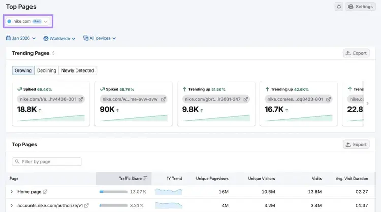 The "Top Pages" dashboard showing data like pages views, unique visitors, and visit duration for a domain's top pages.