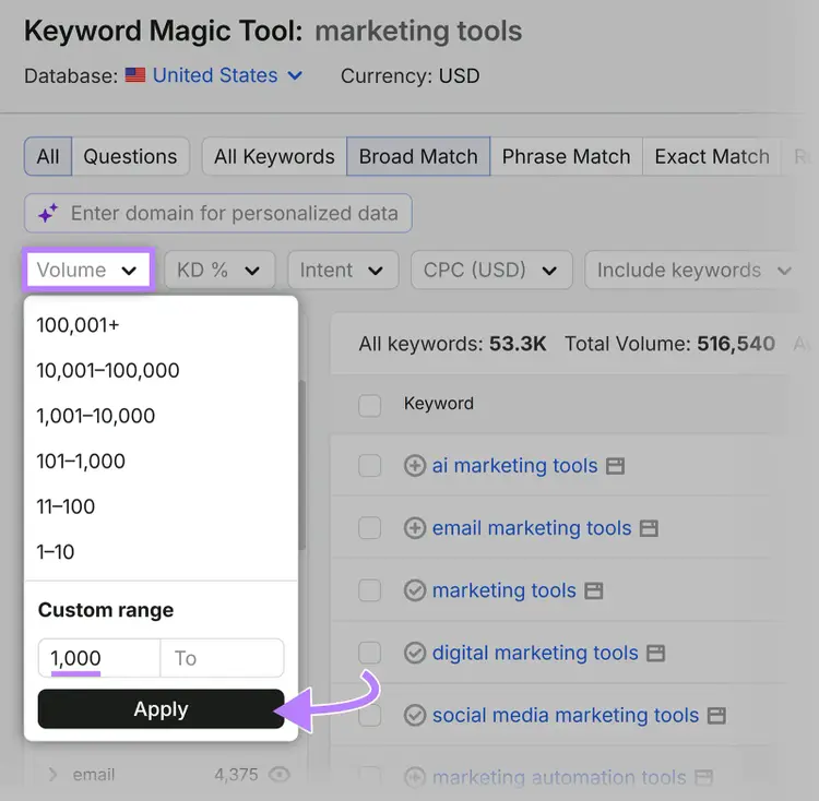 Semrush Keyword Magic Tool volume filter with a custom minimum of 1,000 and the Apply button highlighted