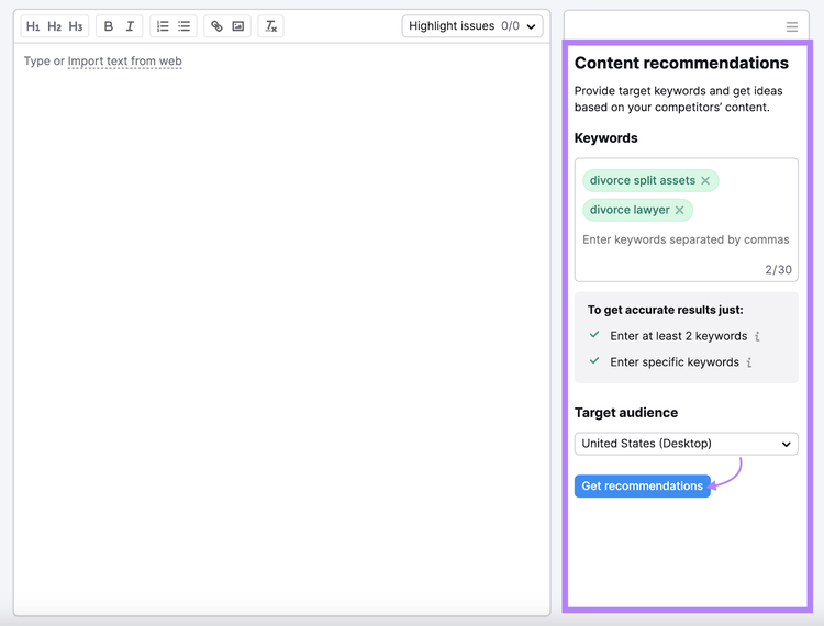 Enter your keywords and target audience in SEO Writing Assistant editor