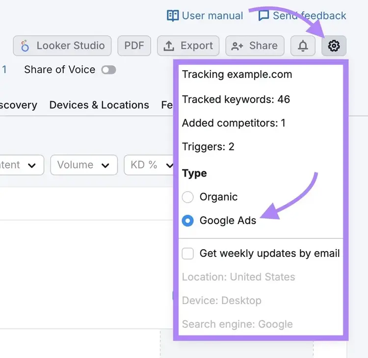 The gear icon clicked on the top of the Position Tracking report and "Google Ads" selected from the dropdown.