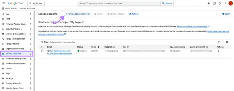Google Cloud IAM Service Accounts page with Create Service Account button highlighted for API authentication setup