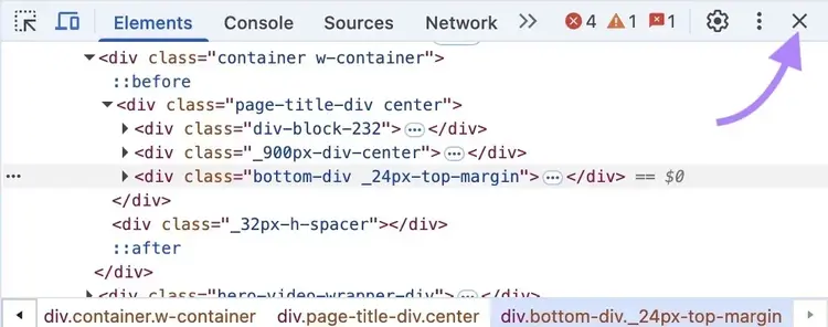 Chrome DevTools Elements panel with the close X icon highlighted in the top-right corner.