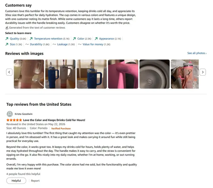 Amazon customer review section with AI-generated review summary, image reviews, and a verified purchase review