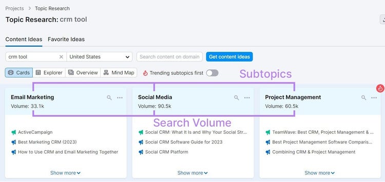 content ideas example in Topic Research tool