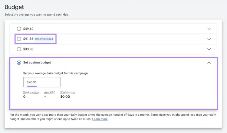 Budget settings on Google Ads with "Set custom budget" drop-down opened and an average daily budget for the campaign entered.