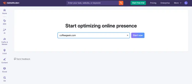 Semrush start page