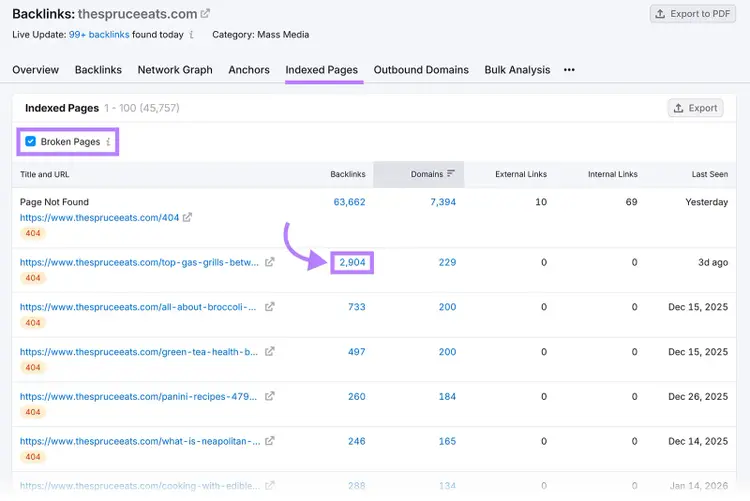 Indexed Pages report showing broken pages with backlinks, highlighting a 404 page with 2,904 backlinks