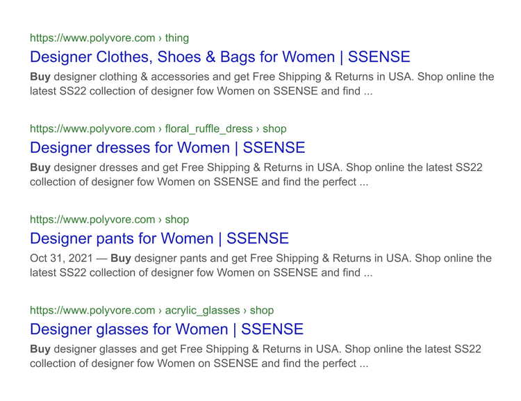 Google search results for designer clothing and accessories from SSENSE/Polyvore
