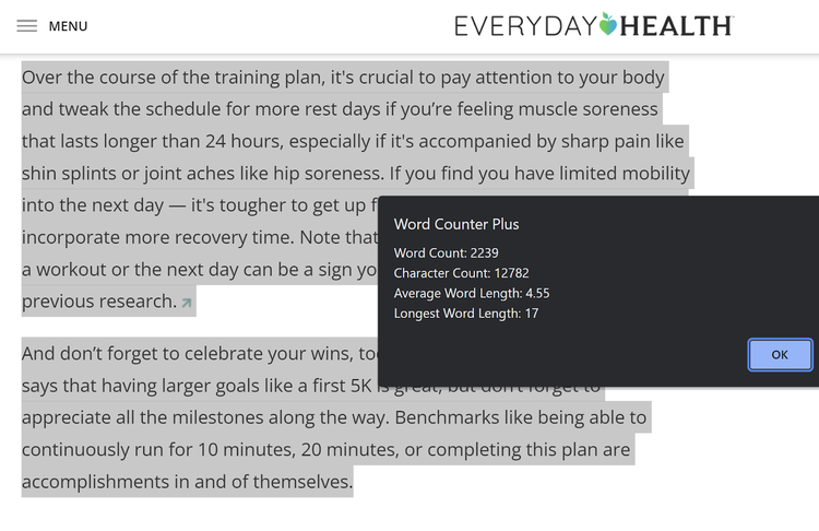 Chrome extension Word Counter Plus showing word and character counts