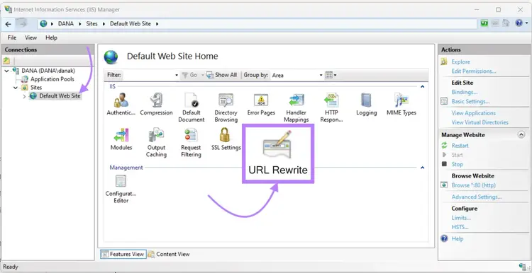 IIS Manager Default Web Site interface with URL Rewrite module highlighted and management options visible