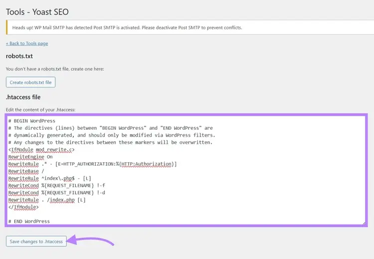 Code entered along with redirect rules on the ".htacess file" window using Yoast SEO.