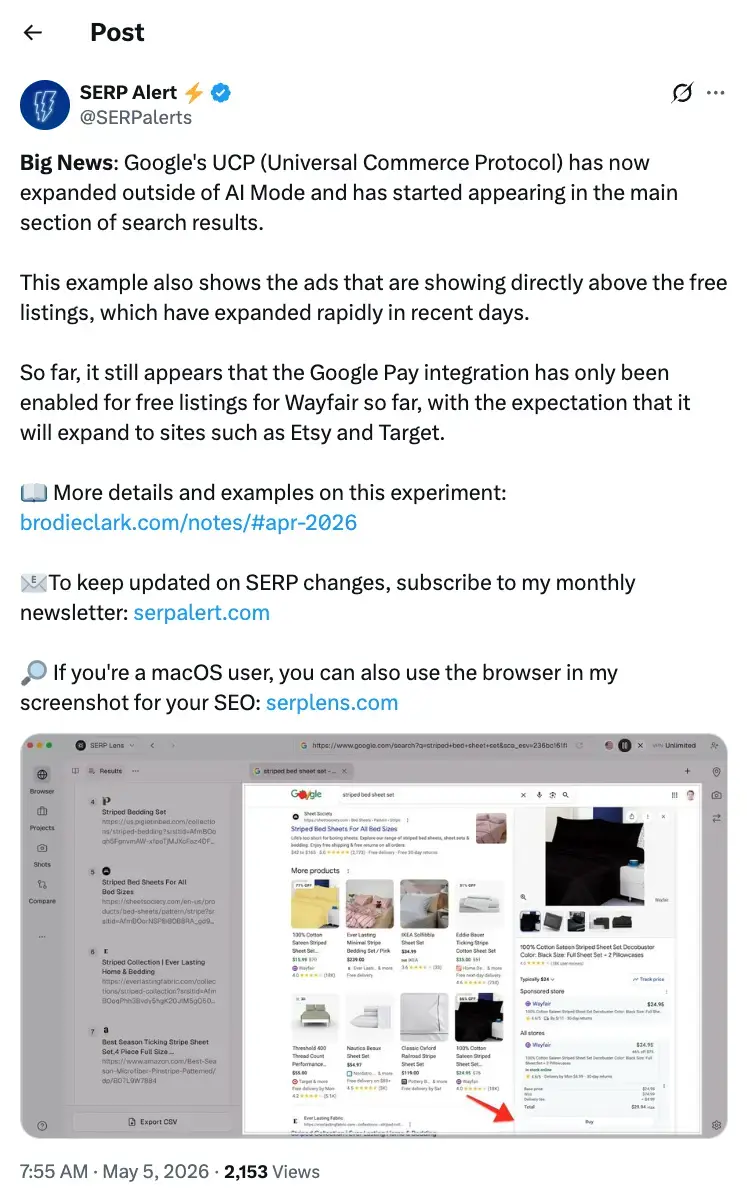 SERP Alert posted on X about seeing UCP-powered checkout directly in SERP product listings.