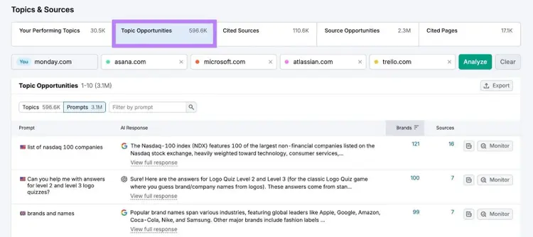 Topics & Sources report on the AI Visibility tool with "Topic Opportunities" highlighted.