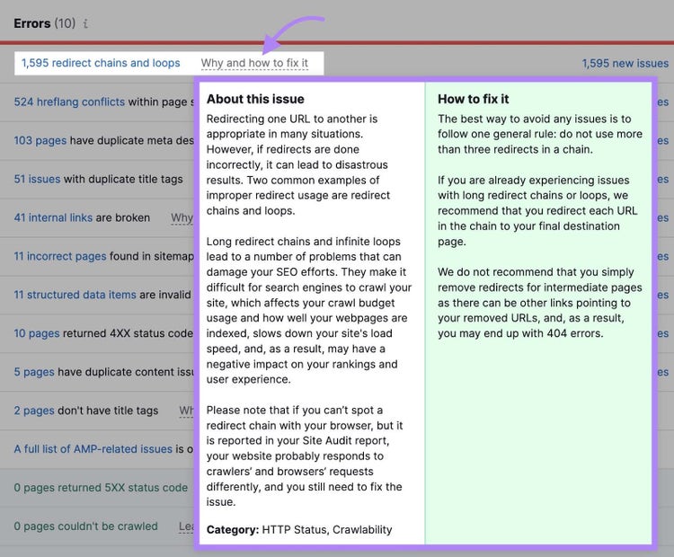 Pop-up box with more information on redirect chains and loops issues and how to fix it.