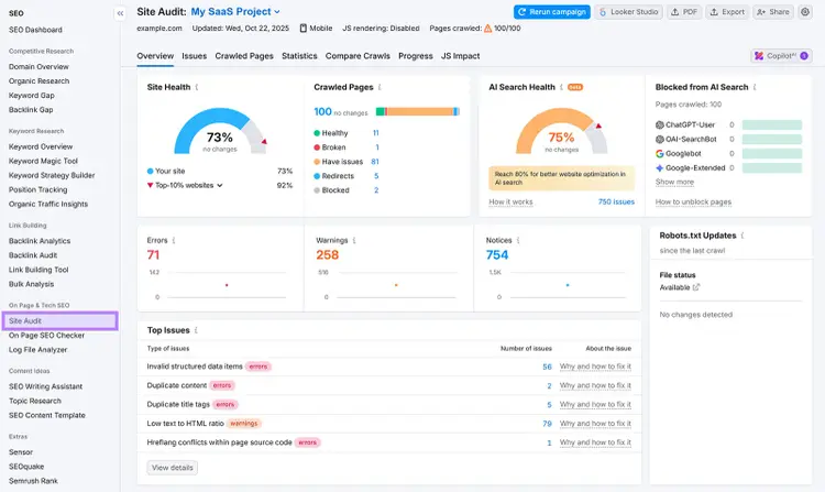 Semrush Site Audit dashboard showing site health, AI search health, and top SEO issues.