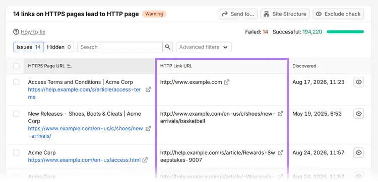 Semrush Site Audit listing HTTP link URLs found on HTTPS pages