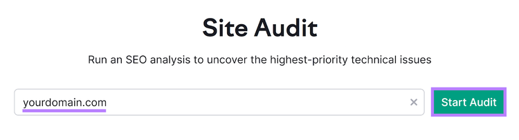 Semrush Site Audit start page, with the domain input box and “Start Audit” button highlighted