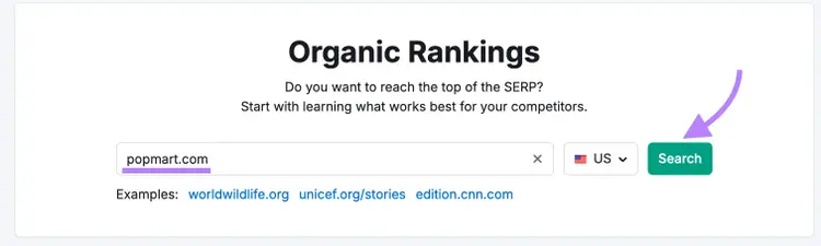 Organic Rankings search interface for competitor SERP analysis