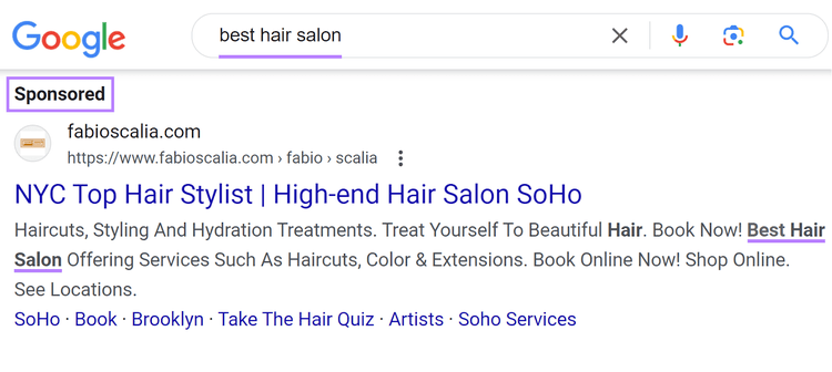 "Sponsored" results on Google SERP for a best hair salon